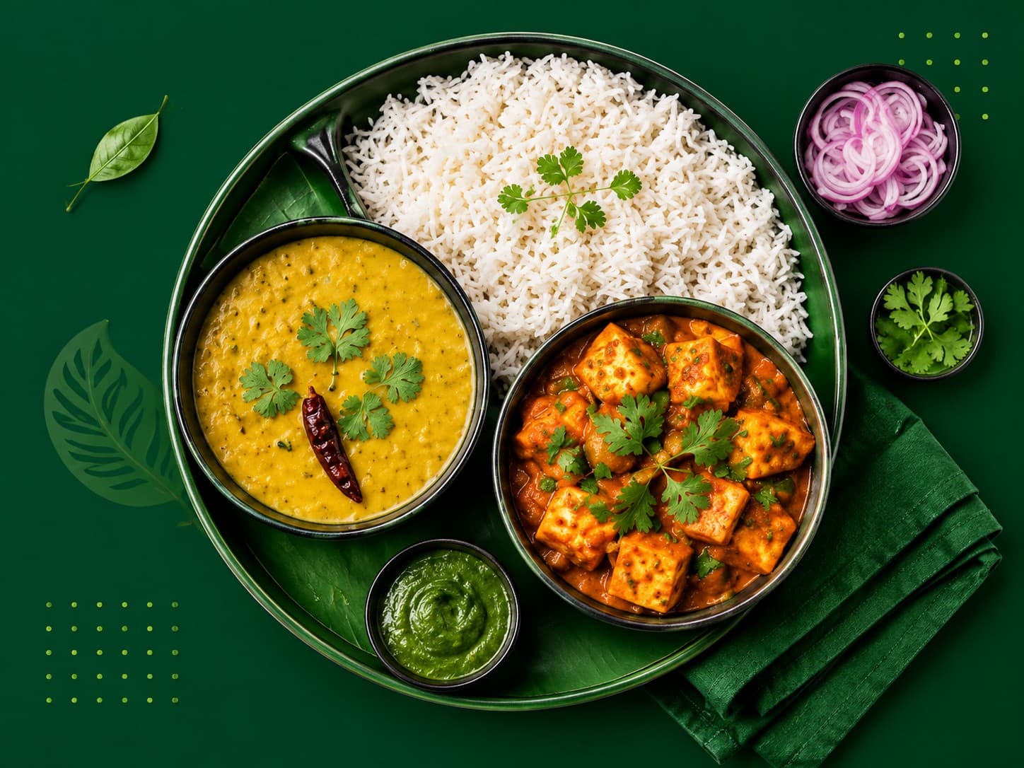 A TropicalBytes thali with rice, dal, paneer curry, and sides