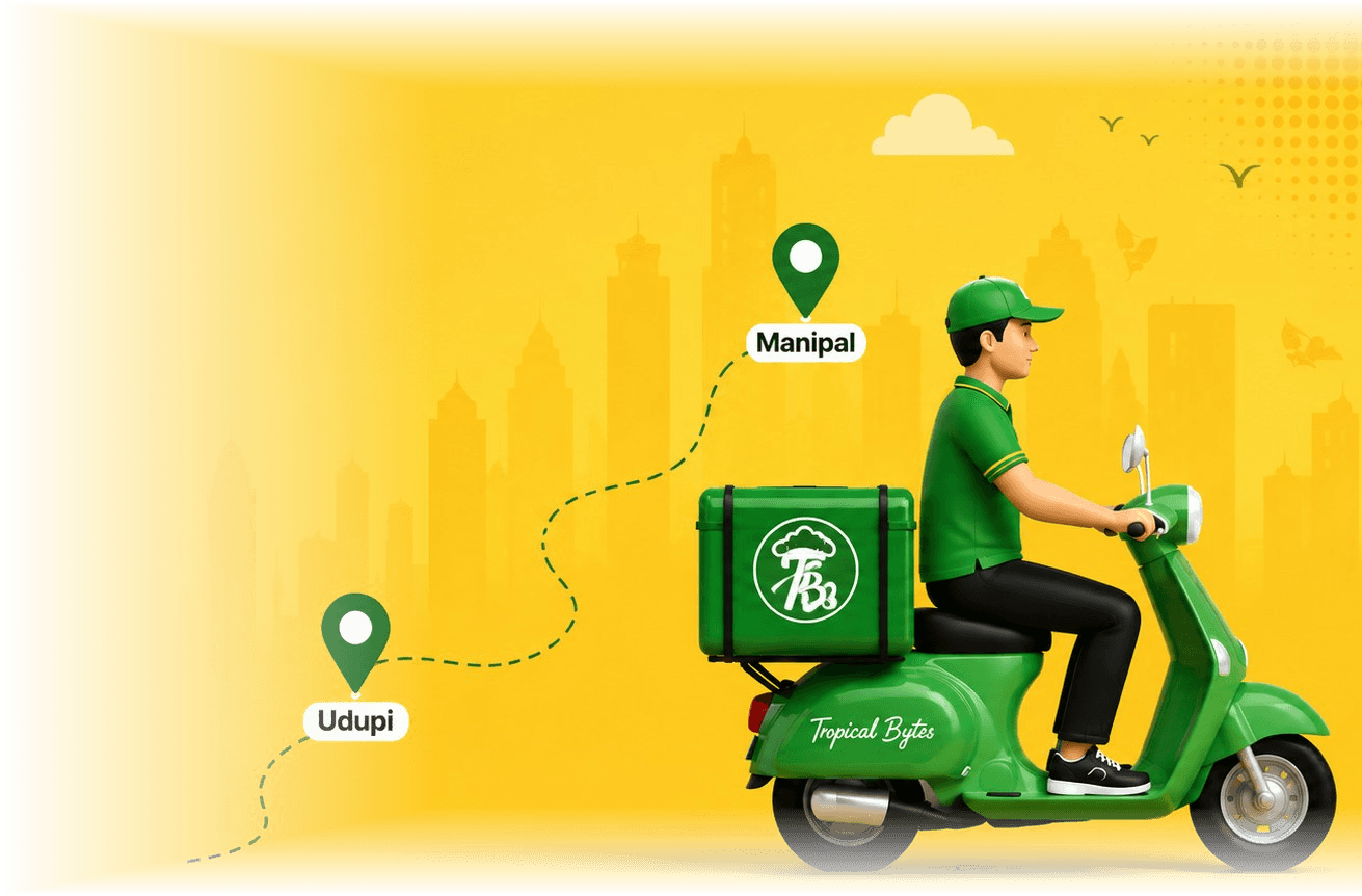 TropicalBytes delivery rider on a green scooter, delivering from Udupi to Manipal