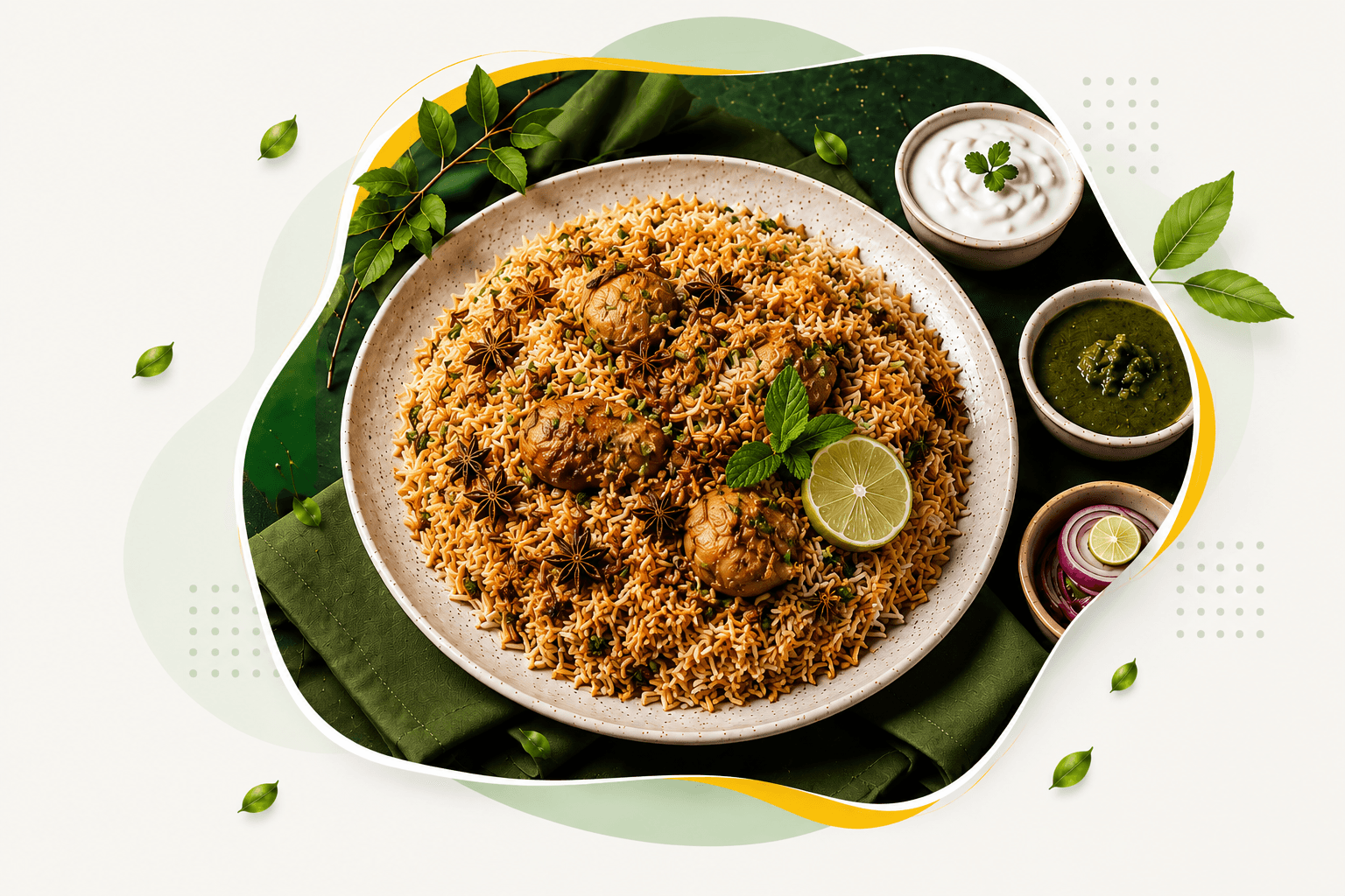 Fresh chef-prepared biryani meal from TropicalBytes with side dishes and garnishes