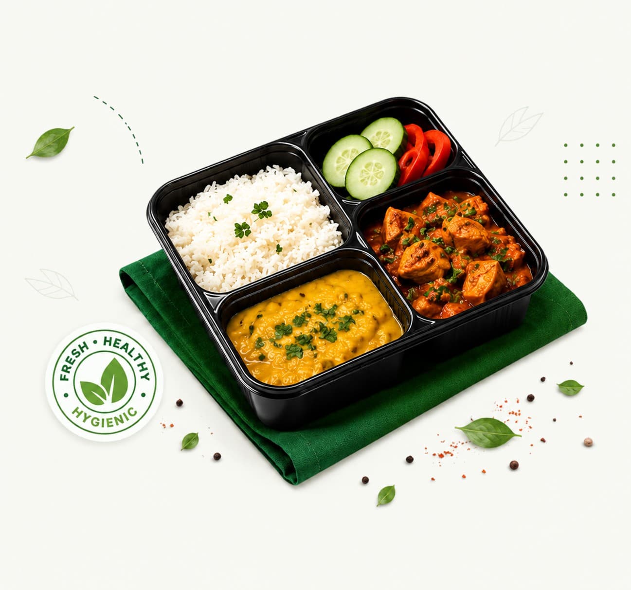 A TropicalBytes single meal box with rice, dal, curry, and fresh vegetables