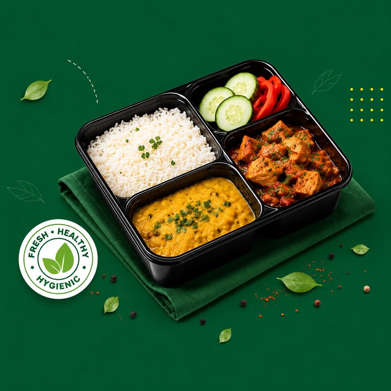 A TropicalBytes meal box with rice, dal, curry, and fresh vegetables