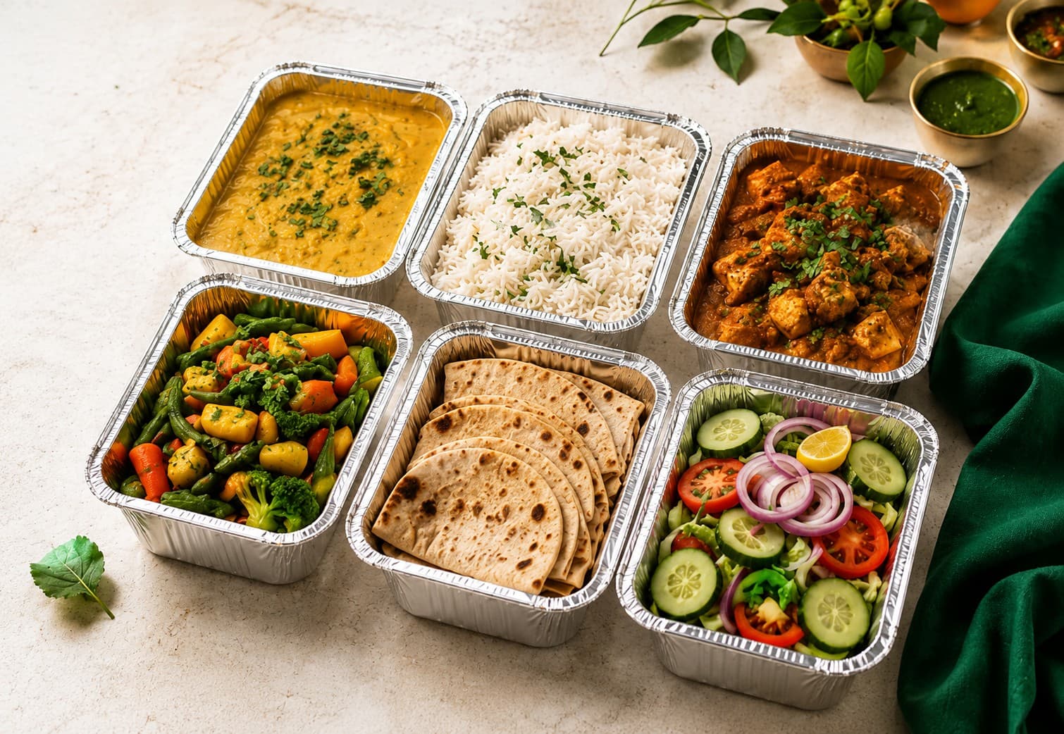 TropicalBytes party and bulk order trays with dal, rice, paneer curry, mixed vegetables, roti, and salad